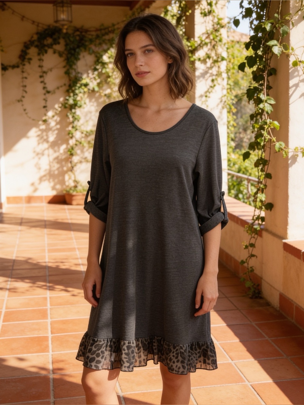 Boom Coeur | Dark Gray & Leopard Print Ruffle Trim w/ Adjustable Sleeves | M